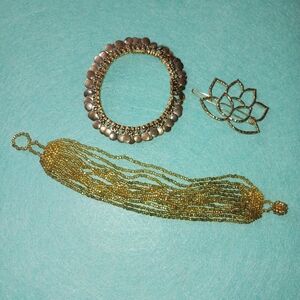 Salvaged Golden Jewelry Lot, 2 Unique Bracelets,  Lotus Hair Clip
